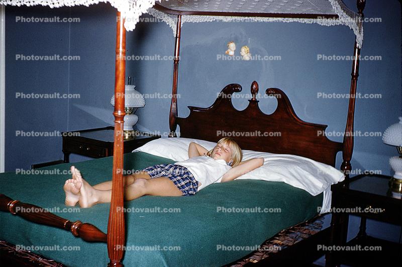 Sleeping Child, Canopy Bed, Blankets, Pillow, Colonial, cottagecore, July 1961, 1960s