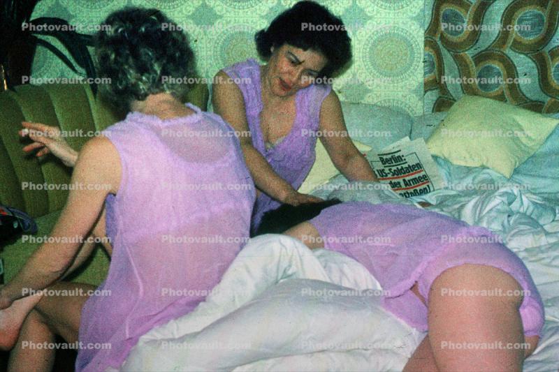 Slumber Party, Women, Purple Nighties, Bed, 1950s