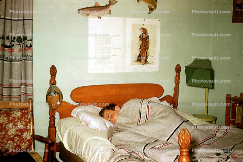 Sleeping Man, Bed, Blanket, Fish, Lamp, 1950s