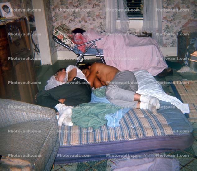 Man, Woman, Bed, Blankets, Sleeping, inflatable mattress, Table, Wallpaper