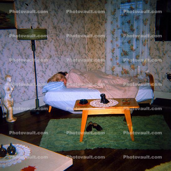 Woman, Bed, Blankets, Sleeping, Lamp, Rug, Table, Wallpaper, 1950s