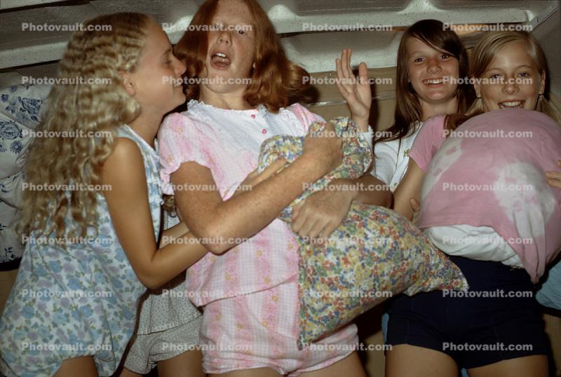 Girls at a Slumber Party, pajama, pillows, fun, funny, 1960s