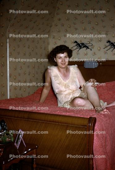 Lady Laying in Bed, Slip, Smoking, 1940s