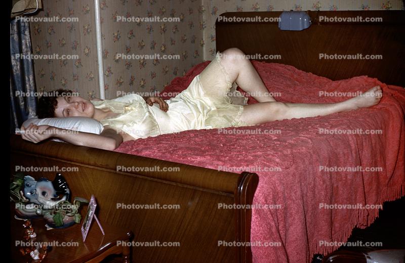 Lady Laying in Bed, Slip, Smoking, 1940s