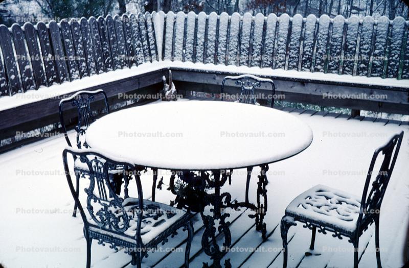 Snowy Porch, Chairs, Table, Fence, Cold, Ice, Snow
