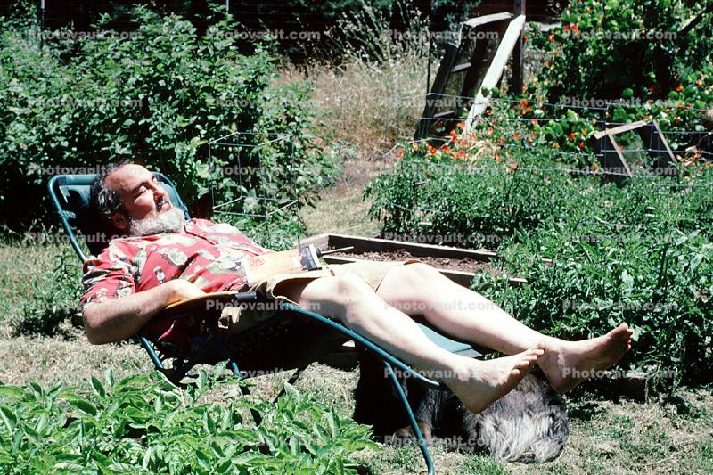 Man Napping in a garden, lounge chair