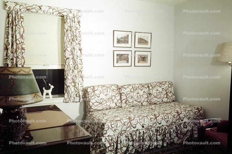 Lamp, curtains, sofa, couch, drapes, 1950s