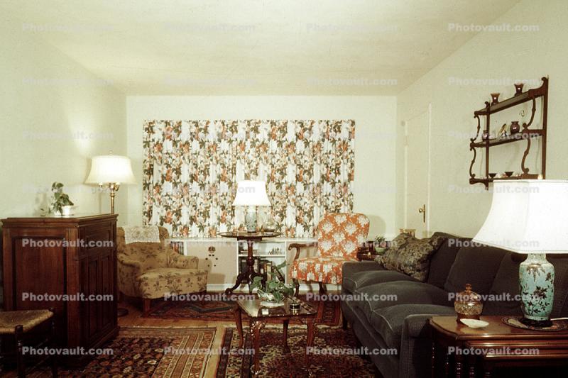 Lamps, curtains, sofa, couch, 1950s