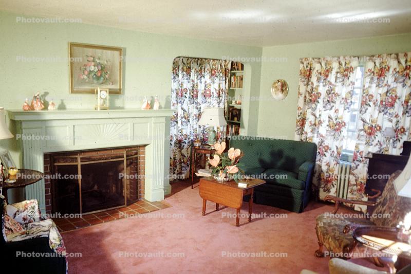Fireplace, curtains, sofa, couch, 1950s