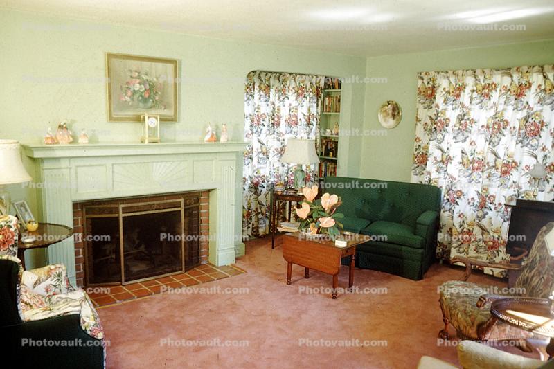 Fireplace, curtains, sofa, couch, 1950s