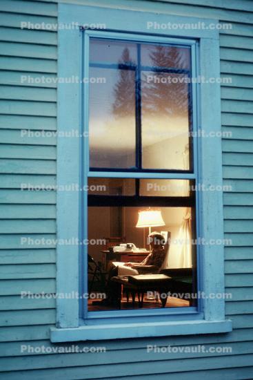 Window Frame, chair, man reading, Burklyn Hall Burke, Vermont, 1978, 1970s