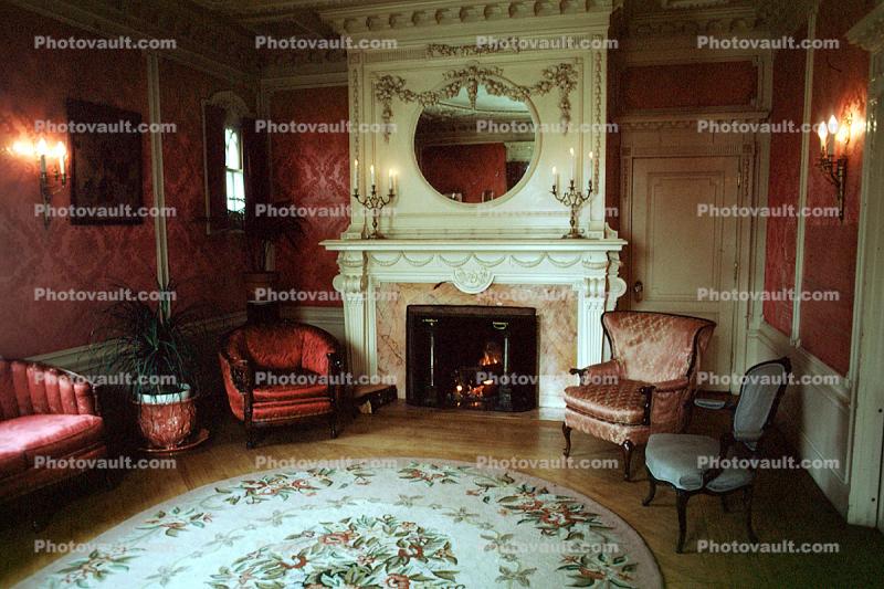 Fireplace, Mirror, chair, rug, lights, Burklyn Hall Burke, Vermont, 1978, 1970s