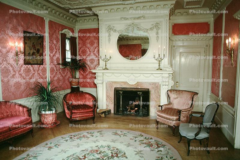 Fireplace, Mirror, chair, rug, lights, Burklyn Hall Burke, Vermont, 1978, 1970s
