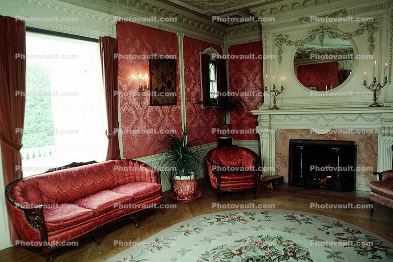 Fireplace, Mirror, chair, sofa, carpet, rug, lights, Burklyn Hall Burke, Vermont, 1978, 1970s