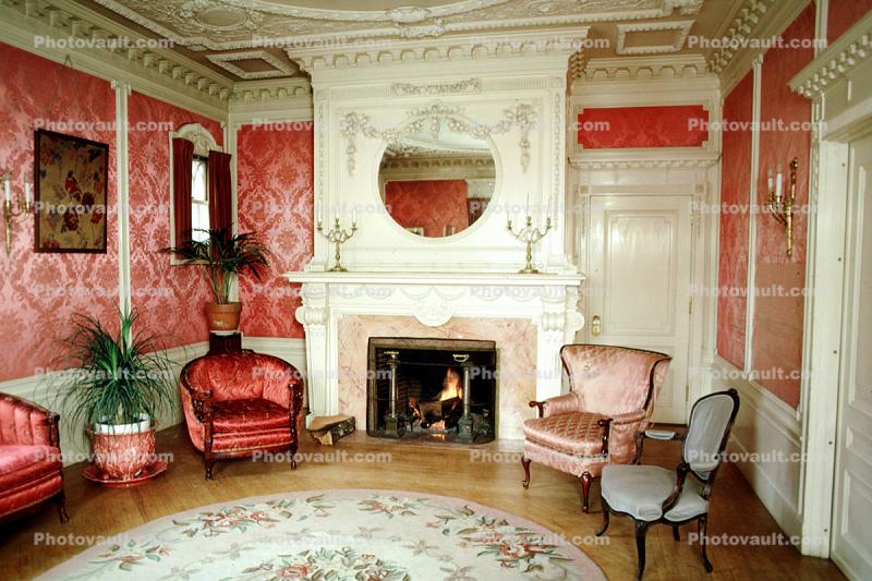 Fireplace, Mirror, chair, carpet, rug, lights, Burklyn Hall, Burke, Vermont, 1978, 1970s