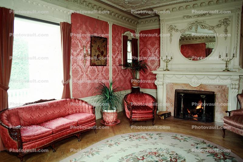 Fireplace, Mirror, chair, sofa, carpet, rug, lights, Burklyn Hall, Burke, Vermont, 1978, 1970s