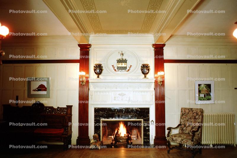 Fire in the Fireplace, ceiling, chair, lights, Burklyn Hall, Burke, Vermont, 1978, 1970s