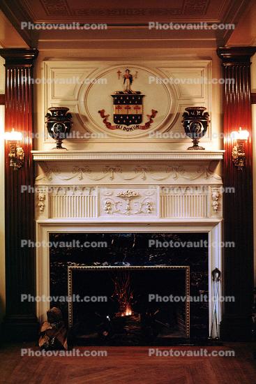 Family Crest, Fire in the Fireplace, ceiling, lights, Burklyn Hall Burke, Vermont, 1978, 1970s