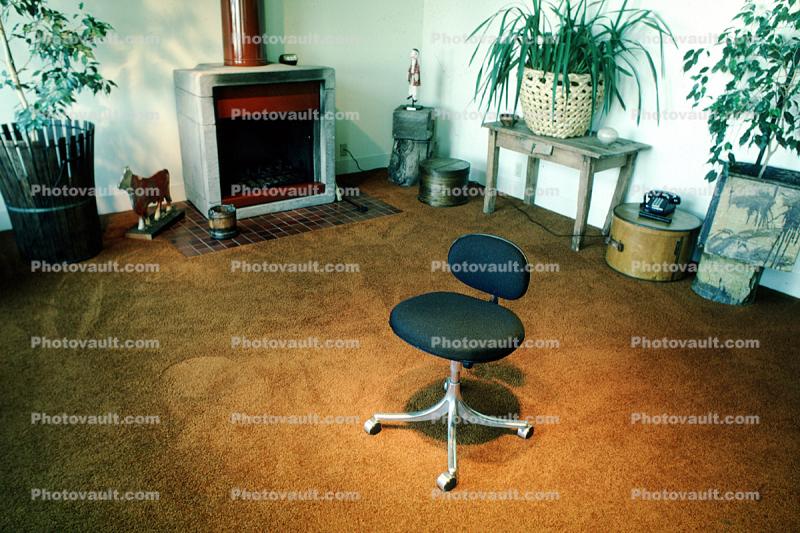 Chair, fireplace, carpet, Furniture, potted plants, 1979, 1970s