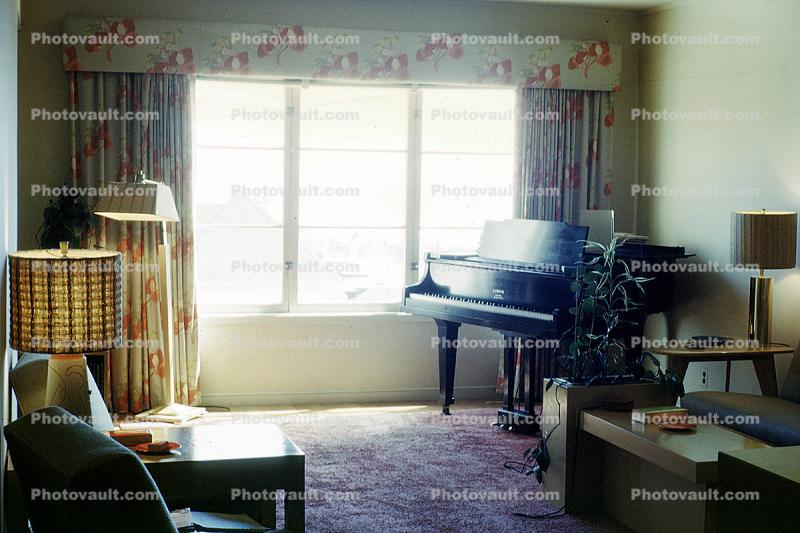 Grand Piano, lamps, carpet, window, curtains, lampshade, 1960s