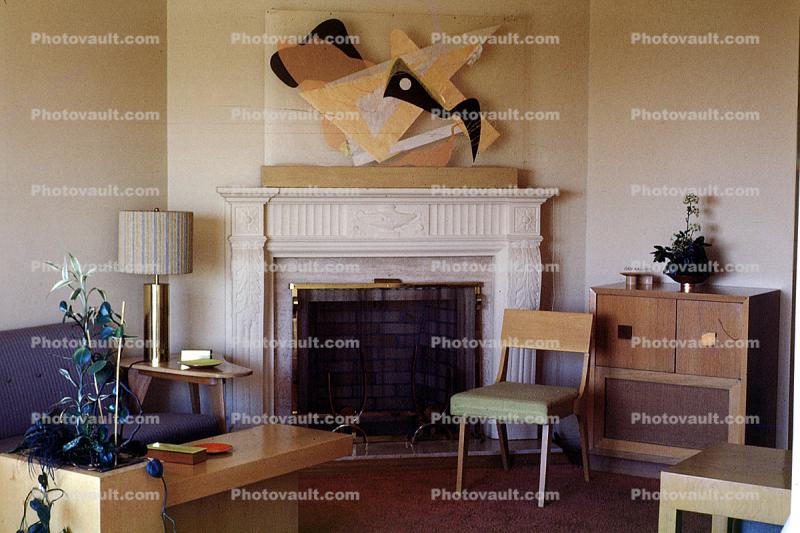 Fireplaca, lamp, chair, modern art, 1960s