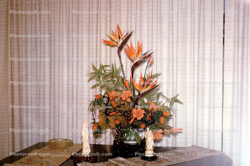 Bird-of-Paradise, flower vase, drapes, curtaink figurine