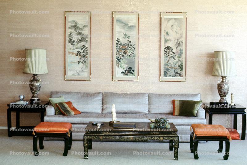 sofa, oriental motif, Furniture, lamps, artwork, coffee table, pillows, 1960s
