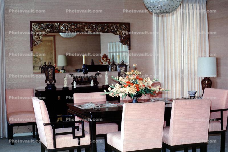 Dining Room, Mirror, Chairs, Flowers, Curtain, Lamp, lampshade, drapes