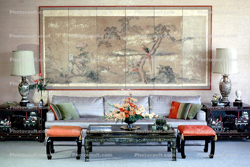 sofa, oriental motif, Furniture, lamps, artwork, coffee table, pillows, lampshade, 1960s
