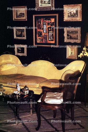 Couch, sofa, wall art, frames, 1940s