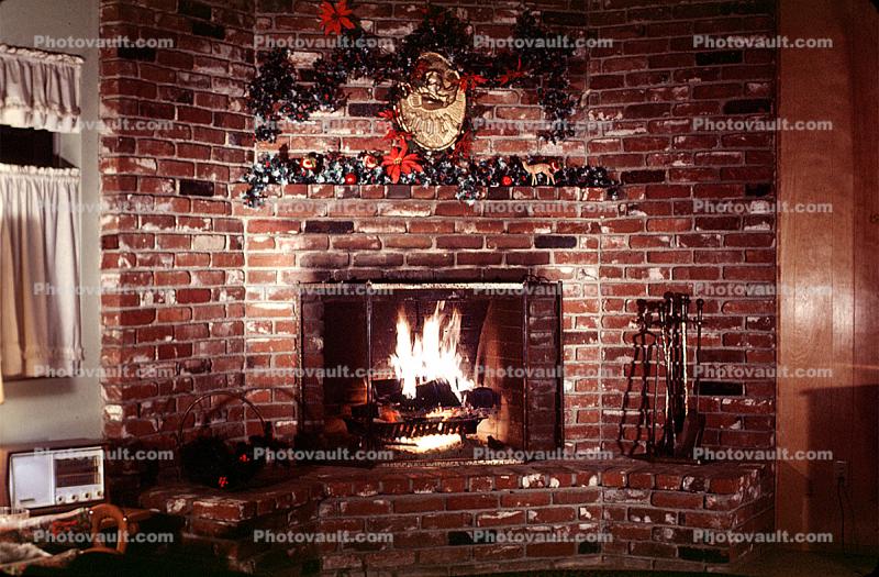 Fireplace, brick, Christmas Decorations, fire, December 1969