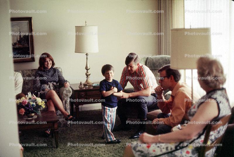 Lamps, couches, people, boy, June 1972, 1970s