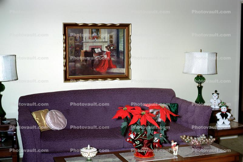 Poinsettia, sofa, lamp, table, snowman, pillows, picture frame, lampshade
