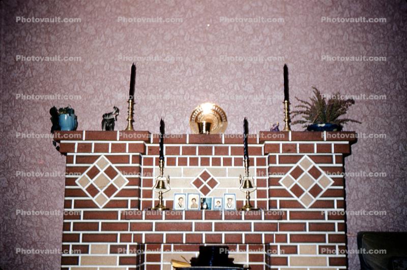 fireplace, brick, mantle, candles