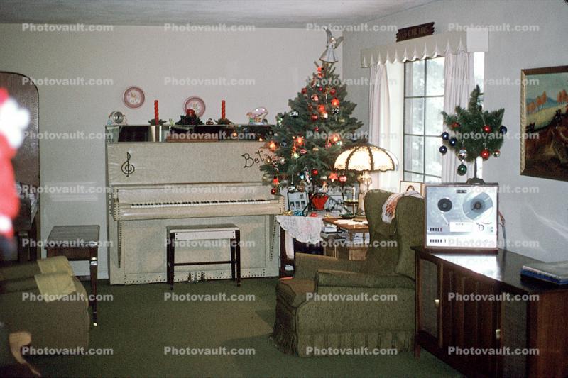 piano, tape recorder, tree