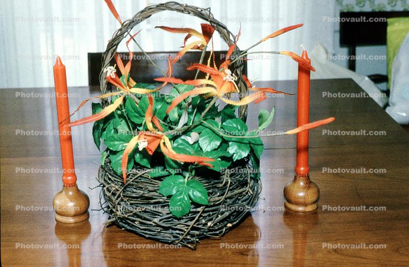basket, flower arrangement, candles