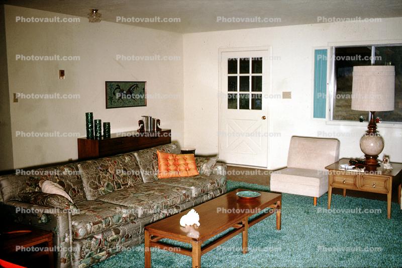 Couch, Coffee Table, lamp, lampshade, sofa, door, 1960s