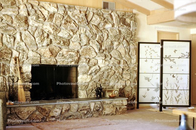 Stone Fireplace, broom, 1960s