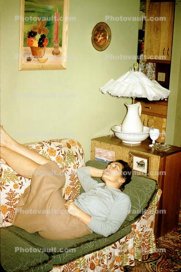 Woman, Lounging, Sofa, Lamp, 1940s