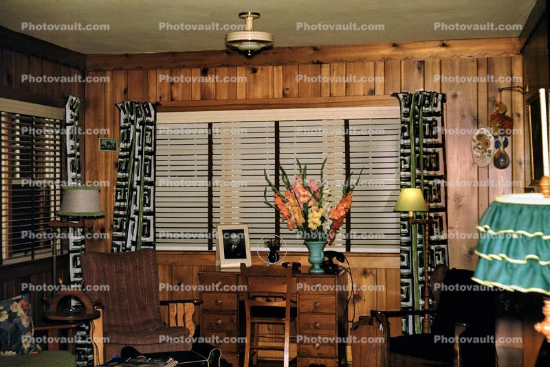 Flowers, Levoloure Blinds, flower vase, lamps, wooden walls, chair, desk, telephone, 1940s