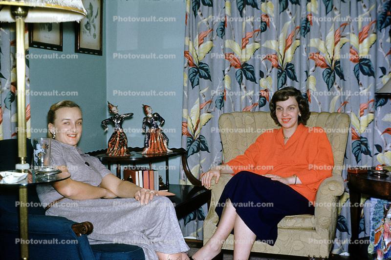 Women Friends Sitting, Drape, smiles, 1940s