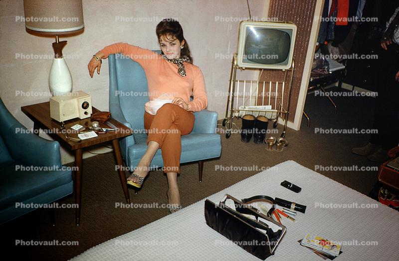 Mod Woman Sitting, Purse, Television, Radio, chair, furniture, 1960s