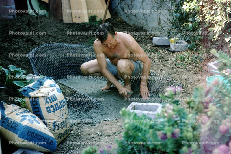 Making a cement goldfish pond, Pacific Palisades, California, 1970s