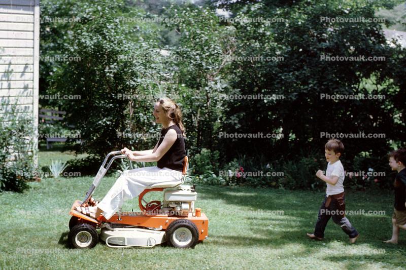 Lawn Mower, power mower, lawn, woman, female, boy