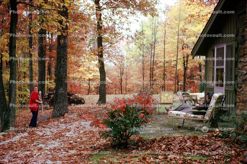 Backyard, raking leaves, lounge chair