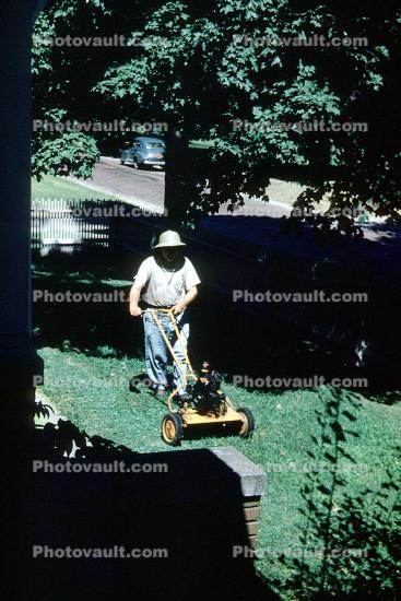 Man, Male, Mowing the Lawn, Power Mower, 1940s