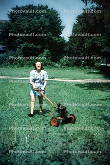 Woman, Female, Mowing the Lawn, Power Mower, 1940s