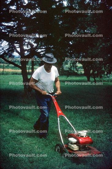 Man Mowing the Lawn, Power Mower
