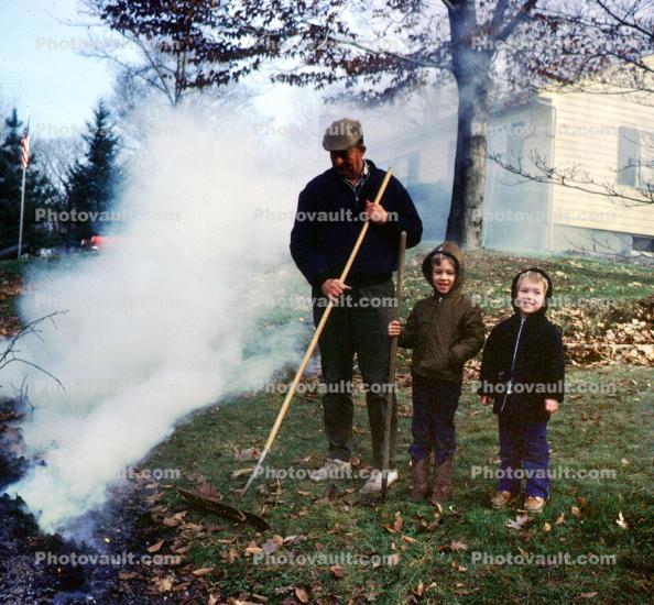 Autumn Leaves, backyard fire, smoke, raking leaves, cold, autumn, 1950s