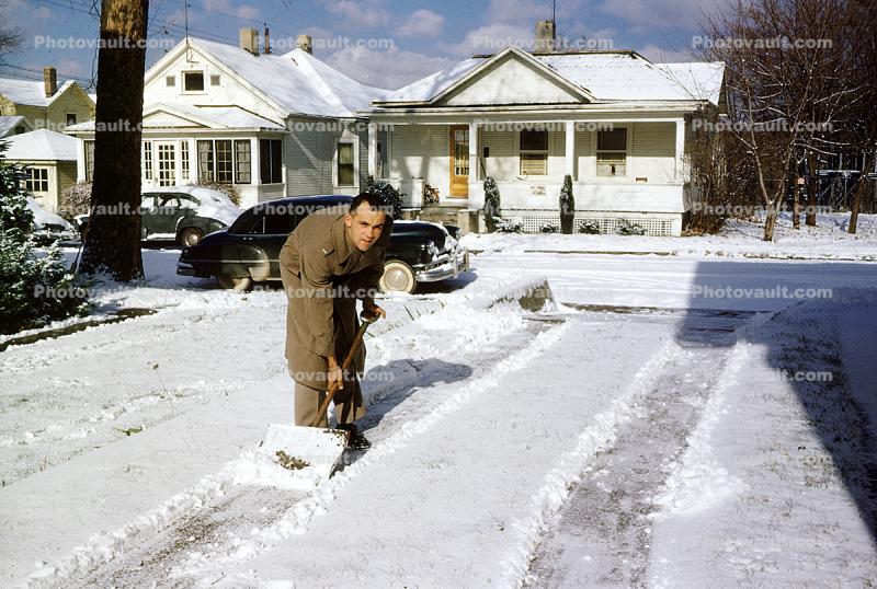 Man Snow Shovel, clearing snow, driveway, 1950s